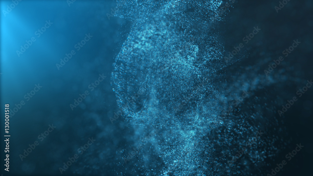 Poster Digital particles floating wave form in the abyss abstract cyber technology de-focus background
