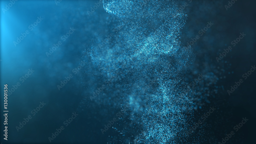 Poster Digital particles floating wave form in the abyss abstract cyber technology de-focus background