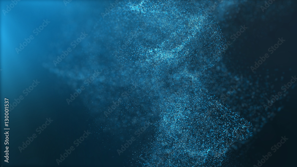 Poster Digital particles floating wave form in the abyss abstract cyber technology de-focus background