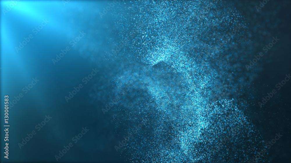 Poster Digital particles floating wave form in the abyss abstract cyber technology de-focus background