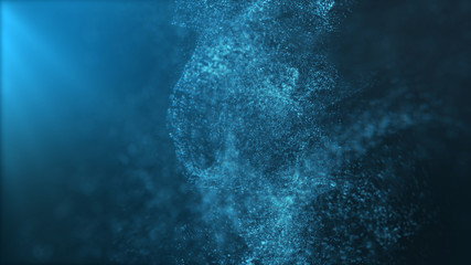 Digital particles floating wave form in the abyss abstract cyber technology de-focus background