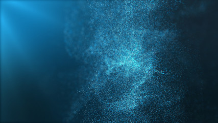 Digital particles floating wave form in the abyss abstract cyber technology de-focus background