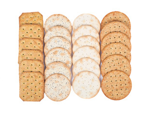 Assortment of crackers, wheat, vegetable, pepper and poppy isolated on white background