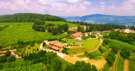 Fototapeta na wymiar Aerial view of Tenuta Coffele, an old farmhouse in the hills aro