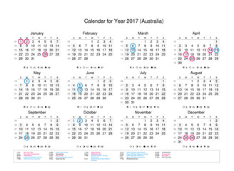 Calendar of year 2017 with public holidays and bank holidays for Australia