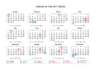 Fototapeta na wymiar Calendar of year 2017 with public holidays and bank holidays for Brazil