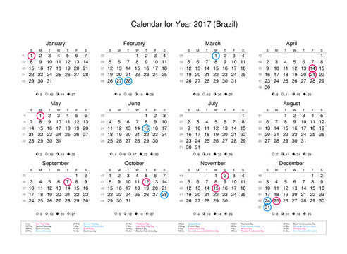 Calendar of year 2017 with public holidays and bank holidays for Brazil