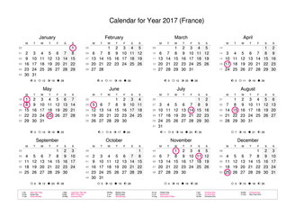 Calendar of year 2017 with public holidays and bank holidays for France