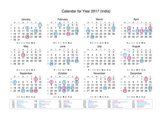Calendar of year 2017 with public holidays and bank holidays for India