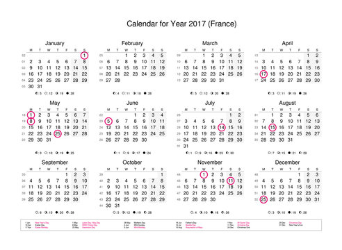 Calendar of year 2017 with public holidays and bank holidays for France