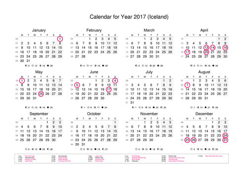Calendar of year 2017 with public holidays and bank holidays for Iceland