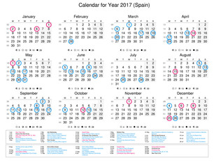 Calendar of year 2017 with public holidays and bank holidays for Spain