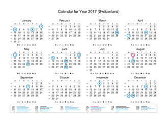 Calendar of year 2017 with public holidays and bank holidays for Switzerland