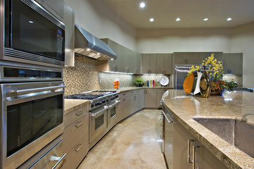 Modern kitchen with vent hood above stainless steel stove