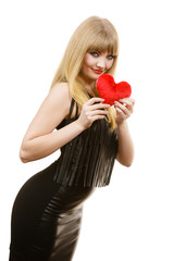 Woman gorgeous girl holding red heart love symbol
