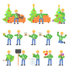 Fototapeta premium Set christmas character young man in red pullower with deer in different poses in flat cartoon style.