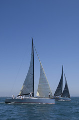 Fototapeta na wymiar Overview of sailboats racing in the blue and calm ocean against sky