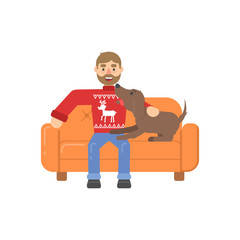 Christmas character hipster man in red pullower with deer sitting on couch with dog in flat cartoon style