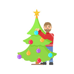 Christmas character hipster man in red pullower with deer decoration christmas tree in flat cartoon style.