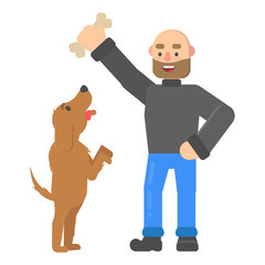 Hipster dog lover teaches the dog in flat style.