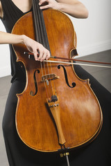 Midsection of woman bowing a cello