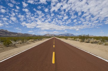 View from the middle of a straight road running through deserted land