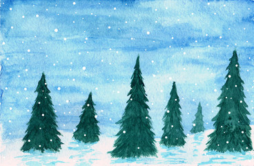 Obraz premium Fir trees on the hills in watercolor