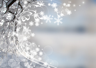 зимний фон с деревьями и снежинками - obrazy, fototapety, plakaty