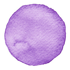Purple watercolor circle. Stain with paper texture. Design element isolated on white background. Hand drawn abstract template