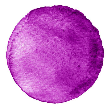 Purple Watercolor Circle. Stain With Paper Texture. Design Element Isolated On White Background. Hand Drawn Abstract Template