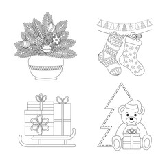 Set of Coloring page: fir branches and balls in a vase, Christmas socks and boots with gifts, sled with gifts, tree and teddy bear. Coloring book. Vector illustration.