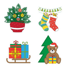 Color pictures set: fir branches and balls in a vase, Christmas socks and boots with gifts, sled with gifts, tree and teddy bear. For holiday cards, labels, invitations. Vector illustration.
