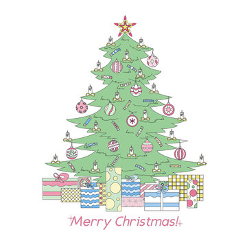 Color Christmas tree, star, balls, candy, candles and gifts. Greeting card with Christmas. Vector illustration.