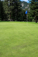 Obraz premium Mountain golf course with golf ball next to hole on the green 