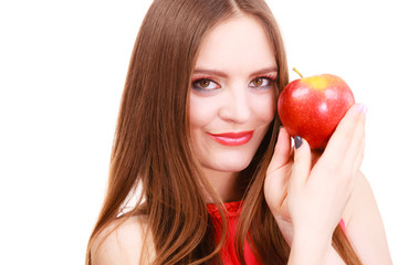 Woman charming girl colorful makeup holds apple fruit