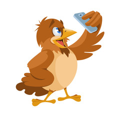 Funny sparrow making selfie. Cartoon styled vector illustration.