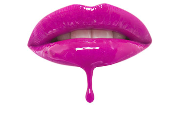 Close-up of pink lipgloss dripping from woman's lips over white background