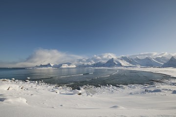 Fototapeta na wymiar Coastal landscape of Moskensoy in the Loftofen archipelago Norway