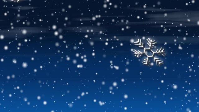 Seamless loop features falling snowflakes, some large and ornamental, against a deep blue gradient background with faint clouds.
