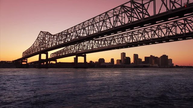 Crescent City Connection Bridge carries traffic over the Mississippi River into New Orleans at night