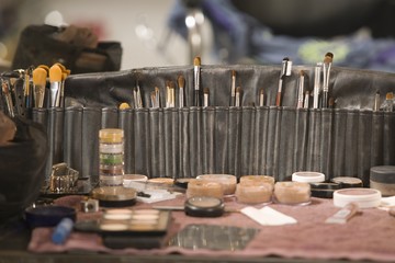 Professional cosmetics brushes on dressing table
