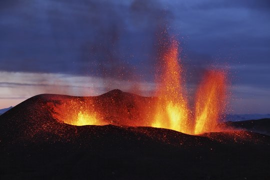 Molten lava erupts from Eyjafjallajokull Fimmvorduhals Iceland