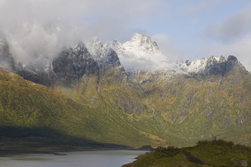Fototapeta na wymiar Cloud cover on mountains Lofoten Islands Norway