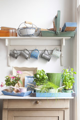 Gardening equipment on kitchen's dresser with cups hanging above it