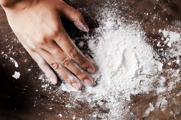 Fototapeta premium Wheat flour on wooden background,food ingredient, prepare for cooking or baking