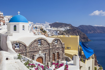 Greek church of St. Nicholas with blue dome, Oia, Santorini (Thira), Cyclades Islands, Greek Islands, Greece