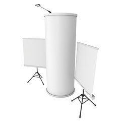 Roll Up and Pop Up Banner Stands and Column. Trade show booth white and blank. 3d render isolated on white background. High Resolution Template for your design.