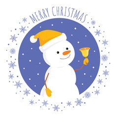 Christmas greeting card. Vector cartoon illustration of a cute snowman in a yellow cap looking up and ringing a bell. Square format, text 