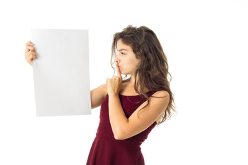 girl in red dress with white placard