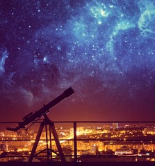 Obraz premium Silhouette of Telescope on background stars and night city. Elements of this image furnished by NASA.